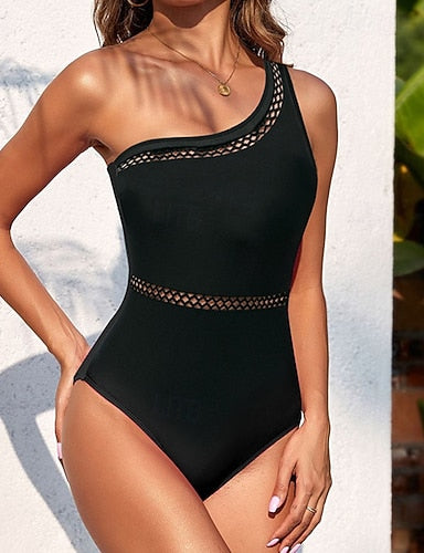 One Piece Swimsuit One Shoulder Swimwear Colored Swimwear Black Breathable Quick Dry Lightweight Sleeveless - Swimming Surfing Beach Summer Spring