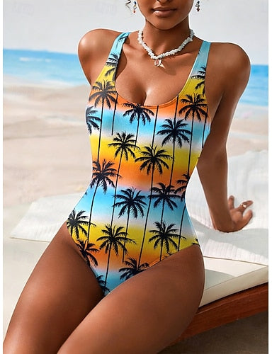 Swimwear One Piece Briefs Swimsuit Beach Wear Summer Graphic Tropical U Neck Sleeveless Bathing Suits
