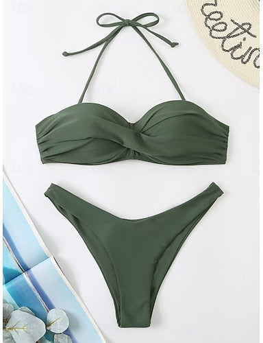 Swimwear Bikini 2 Piece Cheeky Swimsuit Slim Backless Vacation Beach Wear Color Halter Neck Sleeveless Bathing Suits
