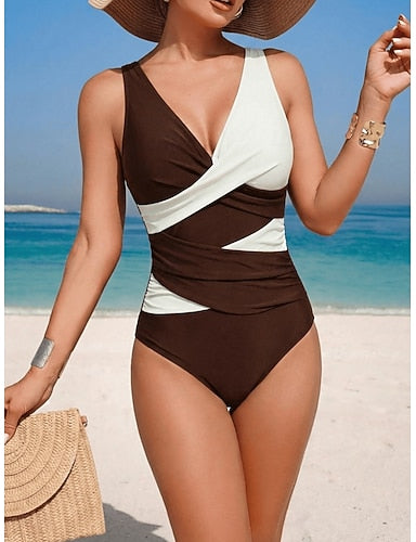 Swimwear One Piece Monokini Swimsuit Tummy Control High Waist Slim Backless Vacation Beach Wear Color V Neck Sleeveless Bathing Suits