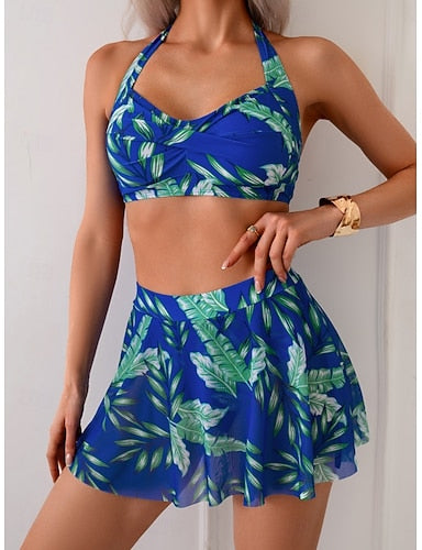 Swimwear Bikini 2 Piece Skirt Swimsuit Slim Backless Vacation Beach Wear Tropical Halter Neck Sleeveless Bathing Suits