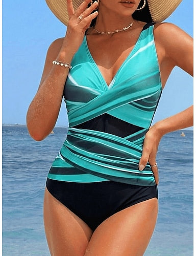 Swimwear One Piece Monokini Swimsuit Tummy Control High Waist Slim Backless Vacation Beach Wear Ombre Leopard V Neck Sleeveless Bathing Suits