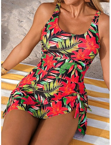 Swimwear One Piece Monokini Skirt Swimsuit Tummy Control High Waist Slim Backless Vacation Graphic U Neck Sleeveless Bathing Suits