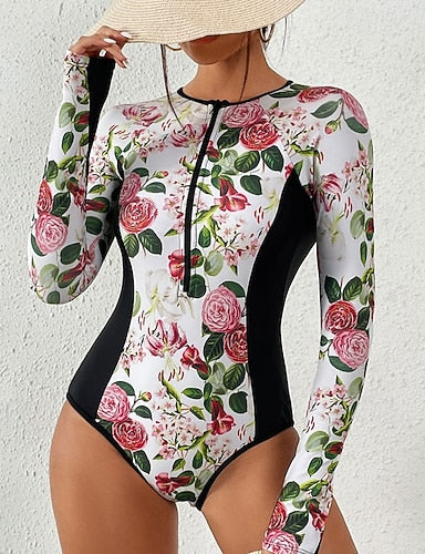 Rash Guard One Piece Swimsuit Printed Front Zip Quick Dry Lightweight Breathable Sleeveless Bodysuit Bathing Suit Surfing Beach Water Sports Summer