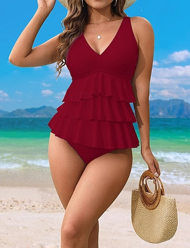 Print Swimsuit Two Piece Swimsuit Colored Tropical V Neck Tummy Control Elastic Sleeveless Swimwear Surfing Beach Vacation Summer