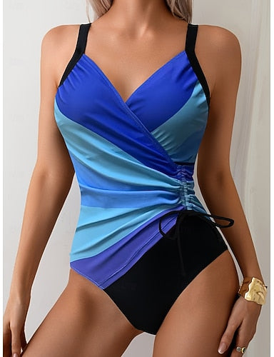One Piece Swimsuit Slimming Ruched Colorblock Monokini Tummy Control High Waist Slim Backless Vacation Beach Wear Ombre V Neck Sleeveless Bathing Suits