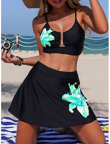 Swimwear Bikini 2 Piece Skirt Swimsuit Tummy Control High Waist Slim Backless Vacation Beach Wear V Neck Sleeveless Bathing Suits