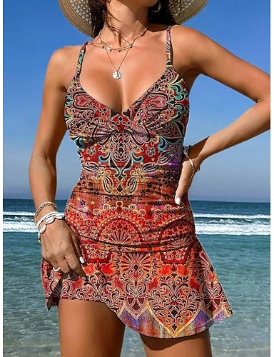 Swimwear One Piece Skirt Swimsuit Vacation Graphic Geometric V Neck Sleeveless Bathing Suits