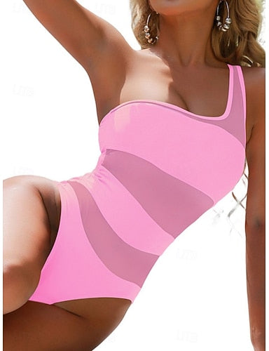 Swimwear One Piece Monokini Swimsuit Mesh Tummy Control High Waist Slim Backless Vacation Beach Wear Color U Neck Sleeveless Bathing Suits