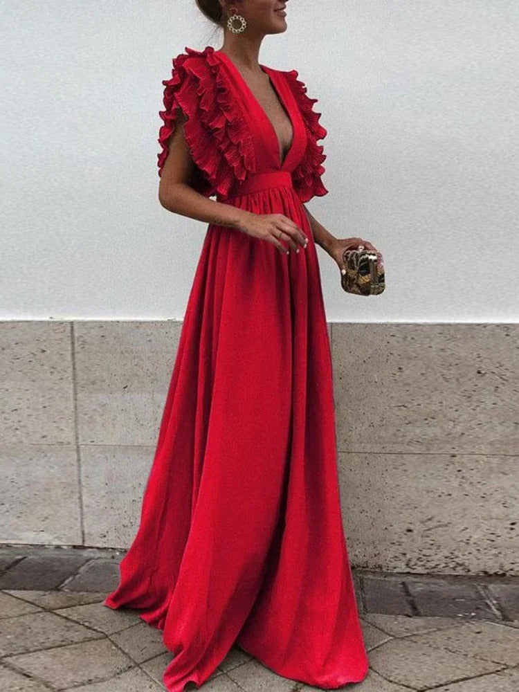 SL | Robe élégante avec décolleté en V et manches ruchées