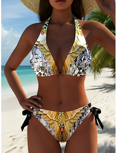 Bikini 2 Piece Swimsuit Cheeky Slim Backless Vacation Geometric V Neck Sleeveless Bathing Suits