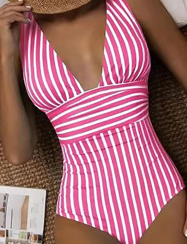 Swimwear One Piece Bikini Shorts Swimsuit Ruched Slimming Backless Vacation Beach Wear Striped Plunge Sleeveless Bathing Suits