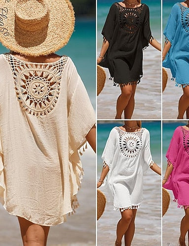 Swimwear Cover Up Swim Dress Swimsuit Crochet Vacation Beach Wear Color Round Neck Short Sleeves Bathing Suits