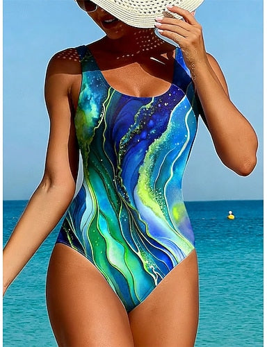 Swimwear One Piece High Cut Swimsuit Beach Wear Summer Graphic Geometic U Neck Sleeveless Bathing Suits