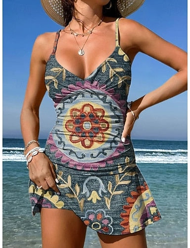 Swimwear One Piece Skirt Swimsuit Vacation Graphic Geometric V Neck Sleeveless Bathing Suits