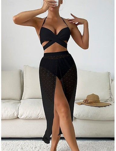 Bikini 2 Piece Swimsuit Skirt Slim Backless Vacation Beach Wear Color Halter Neck Sleeveless Bathing Suits