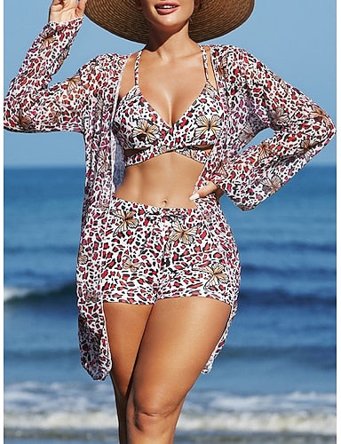 Bikini 3 Piece Swimsuit Shorts Slim Backless Vacation Beach Wear V Neck Sleeveless Bathing Suits