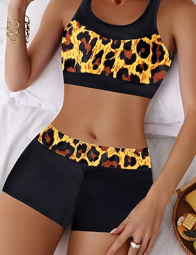 Swimwear 2 Piece High Waist Swimsuit Backless Vacation Beach Wear Leopard Round Neck Sleeveless Bathing Suits