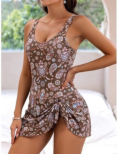 One Piece Swimsuit Leopard Monokini Dress Tummy Control High Waist Slim Backless Vacation Beach Wear Zebra Print U Neck Sleeveless Bathing Suits