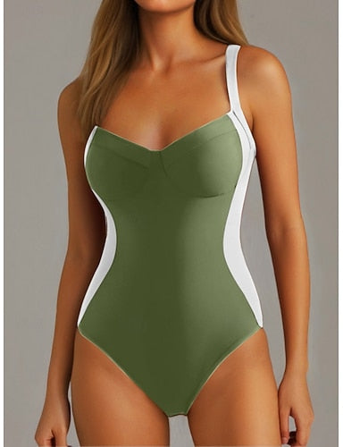 One Piece Swimsuit Slimming Colorblock Monokini Tummy Control High Waist Slim Backless Vacation Beach Wear Color Block V Neck Sleeveless Bathing Suits