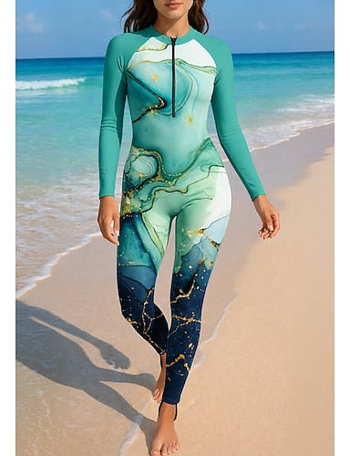 Rash Guard Full Body Swimwear Dive Skin Suit Gradient Front Zip Upf50+ Quick Dry High Elasticity Long Sleeve Swimwear Surfing Diving Snorkeling Summer