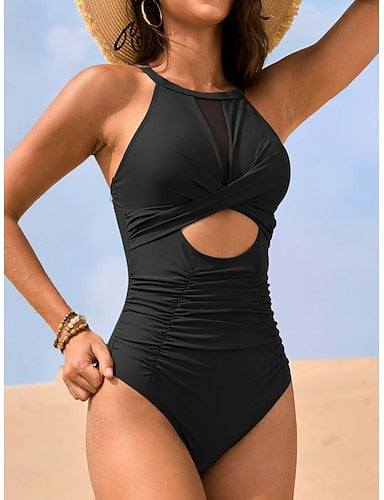 One Piece Swimsuit Slimming Ruched Cutout Monokini Mesh Tummy Control High Waist Slim Backless Vacation Beach Wear Color Halter Neck Sleeveless Bathing Suits