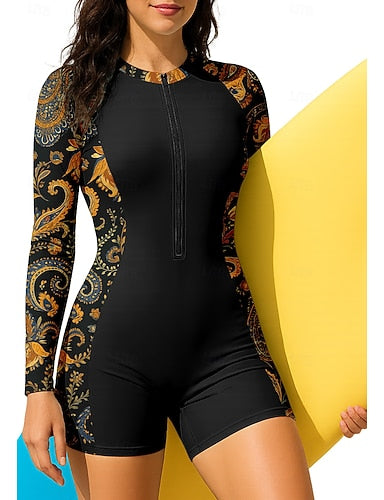 Rash Guard Bathing Suit Boyleg Paisley Zip Up Removable Pad Front Zip Uv Sun Protection Upf50+ Ultra Light (ul) Long Sleeve Swimwear Sun Shirt Surfing Beach Water Sports Summer