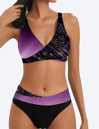 Normal Swimwear Bikini 2 Piece Cheeky Swimsuit Backless 2 Piece Push Up Printing Vacation Stylish Ombre Leaf V Wire Sleeveless Bathing Suits