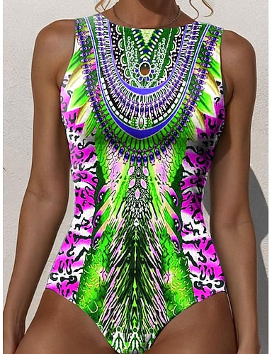One Piece Swimsuit Slimming Monokini Briefs Tummy Control High Waist Slim Backless Vacation Beach Wear Graphic Round Neck Sleeveless Bathing Suits