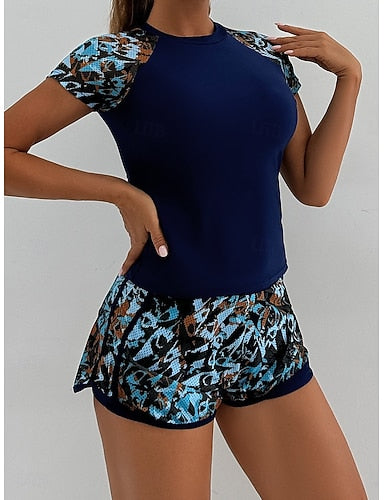 Tankini 2 Piece Swimsuit Palm Shorts Tummy Control High Waist Slim Backless Vacation Beach Wear Leaves Round Neck Short Sleeves Bathing Suits