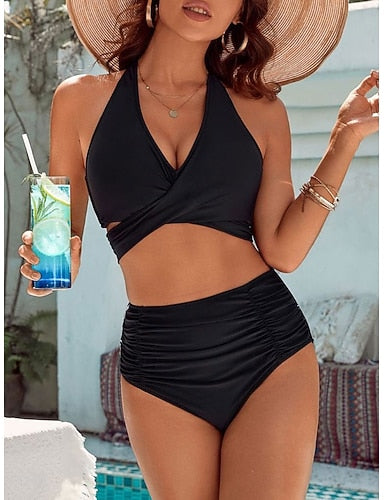 Bikini 2 Piece Swimsuit Ruched Cheeky Tummy Control High Waist Slim Backless Vacation Beach Wear Color V Neck Sleeveless Bathing Suits