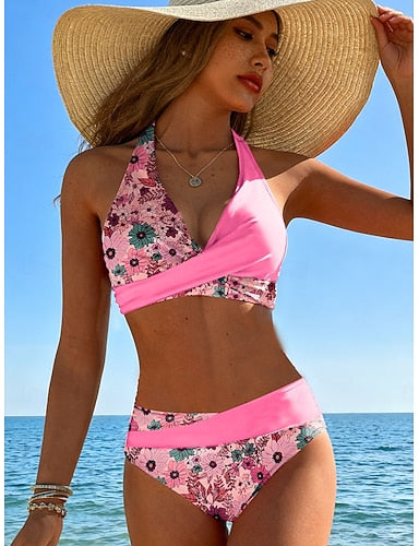 Bikini 2 Piece Swimsuit Ruched Cheeky Vacation Graphic V Neck Sleeveless Bathing Suits