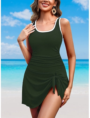 Swimwear One Piece Monokini Swimsuit Drawstring Tummy Control High Waist Slim Backless Vacation Beach Wear Color Scoop Neck Sleeveless Bathing Suits