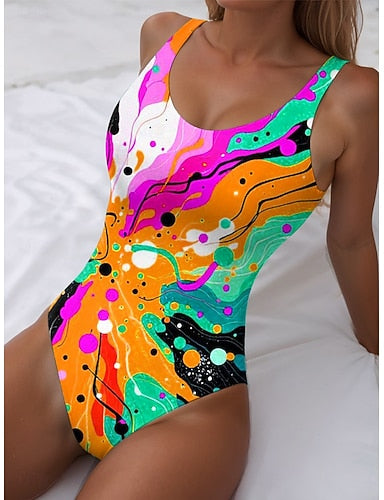 One Piece Swimsuit Slimming Beach Wear Summer Graphic Geometric U Neck Sleeveless Bathing Suits