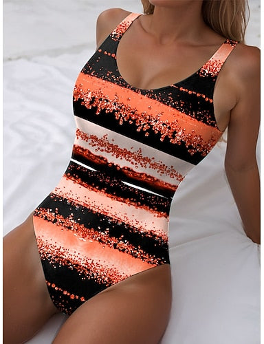 One Piece Swimsuit Slimming Monokini High Cut Tummy Control High Waist Slim Backless Vacation Ombre Graphic U Neck Sleeveless Bathing Suits