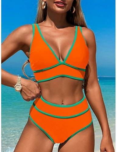 Bikini 2 Piece Swimsuit Colorblock Cheeky Tummy Control High Waist Slim Backless Vacation Beach Wear Stripe V Neck Sleeveless Bathing Suits