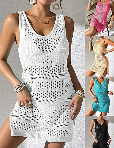 Swimwear Cover Up Swim Dress Swimsuit Cut Out Vacation Beach Wear Color U Neck Sleeveless Bathing Suits