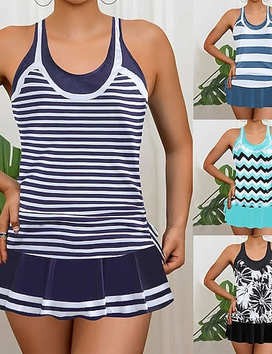 Swimwear 2 Piece Skirt Swimsuit Backless Vacation Beach Wear Graphic Round Neck Sleeveless Bathing Suits