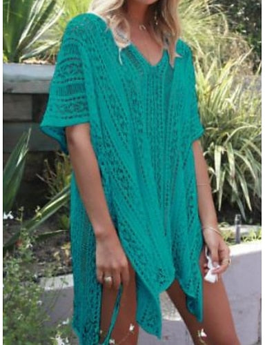 Swimwear Cover Up Swim Dress Swimsuit Cut Out Vacation Beach Wear Color V Neck Short Sleeves Bathing Suits