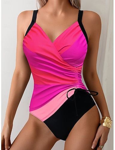 One Piece Swimsuit Slimming Ruched Colorblock Monokini Tummy Control High Waist Slim Backless Vacation Beach Wear Ombre V Neck Sleeveless Bathing Suits