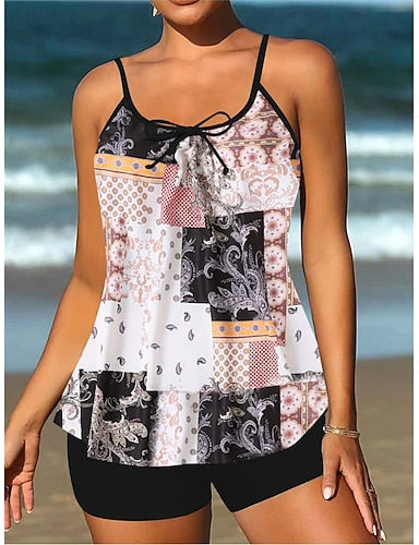 Tankini 2 Piece Swimsuit Shorts Tummy Control High Waist Slim Backless Vacation Beach Wear Paisley U Neck Sleeveless Bathing Suits