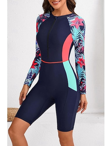 Rash Guard Bathing Suit Swimsuits Patchwork Tropical Zip Up Knee-length Leg Uv Protection Quick Dry High Elasticity Long Sleeve Swimwear Swimsuit Surfing Snorkeling Swimming Summer