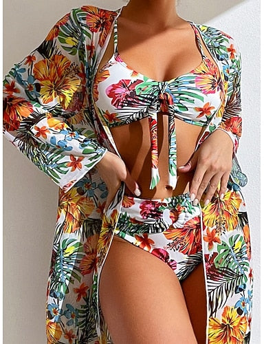 Bikini 3 Piece Swimsuit Palm Briefs Slim Backless Vacation Beach Wear Leaves Scoop Neck Sleeveless Bathing Suits
