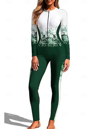 Regular Rash Guard Full Body Rash Guard One Piece Surfing Suit Tropical Color-blocking Zip Up With Built in Bra Front Zip Uv Sun Protection Full Coverage Upf50+ Long Sleeve Full Body
