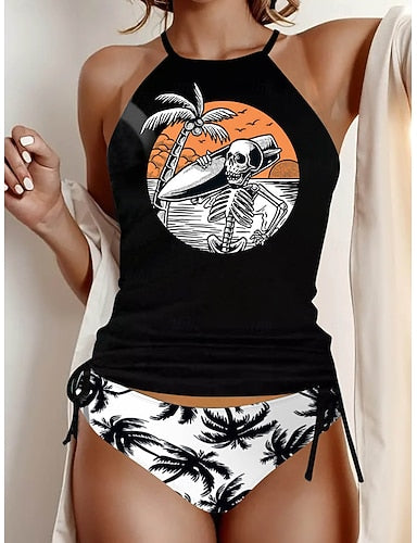 Tankini 2 Piece Swimsuit Ruched Briefs Tummy Control High Waist Slim Backless Vacation Beach Wear Graphic U Neck Sleeveless Bathing Suits