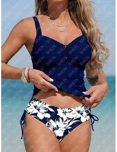 Swimwear Tankini 2 Piece Cheeky Swimsuit Tummy Control High Waist Slim Backless Vacation Beach Wear V Neck Sleeveless Bathing Suits