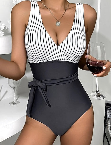 Bathing Suit One Pieces Halter Swimsuit Stripes Quick Dry High Elasticity Sleeveless Swimwear Swimsuit Surfing Snorkeling Swimming Summer