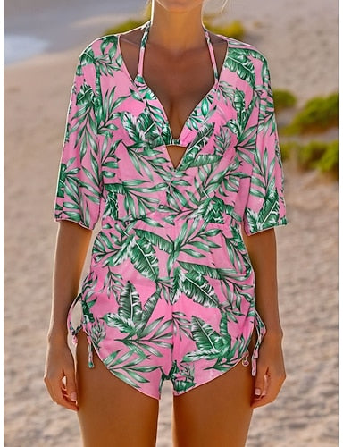 Bikini 3 Piece Swimsuit Palm Cheeky Slim Backless Vacation Beach Wear Color Block V Neck Sleeveless Long Sleeve Bathing Suits