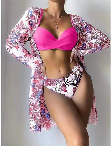 Swimwear Bikini Three Piece Cheeky Swimsuit Slim Backless Vacation Beach Wear Leaves Halter Neck Sleeveless Bathing Suits