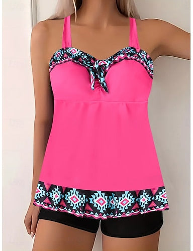 Tankini 2 Piece Swimsuit Boy Leg Tummy Control High Waist Slim Backless Vacation Beach Wear Geometic V Neck Sleeveless Bathing Suits